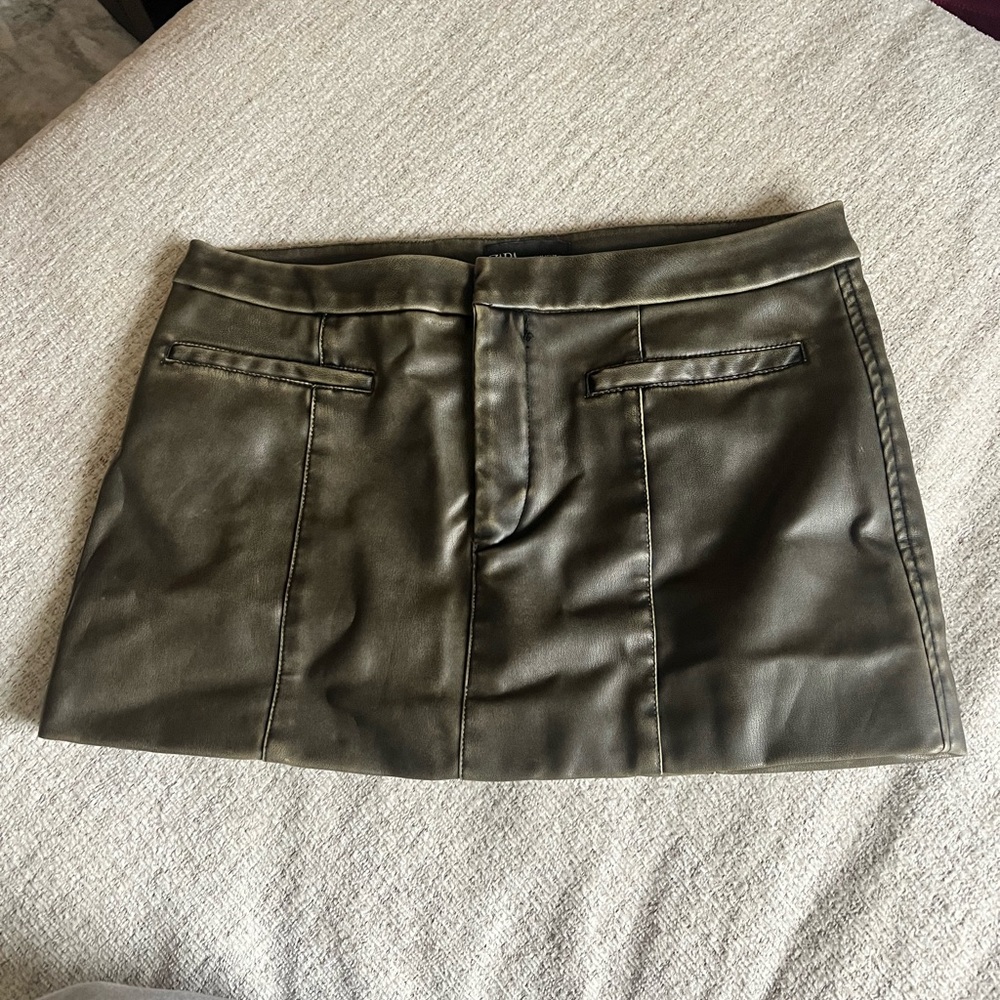 Zara Dark Olive Leather Mini Skirt